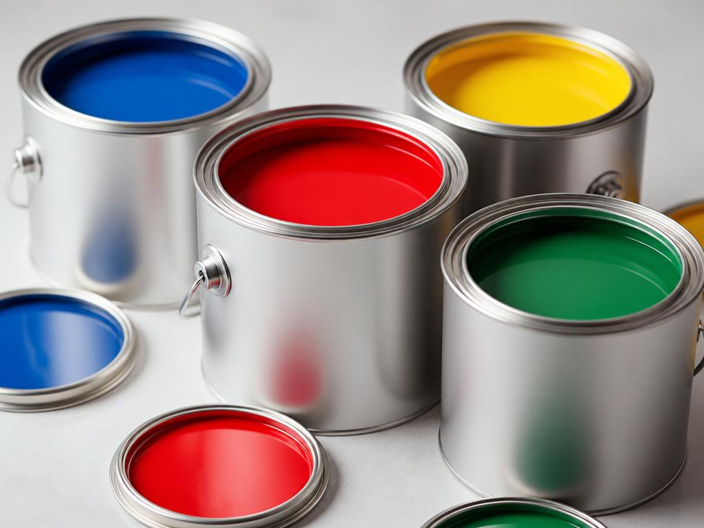 Open paint cans in blue, red, yellow, and green
